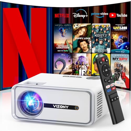 [Licenza Netflix/Dolby Audio] Proiettore intelligente con WiFi e Bluetooth, proiettore VIZONY nativo 1080P con app integrate Netflix, Youtube, Hulu, Disney+, mini proiettore portatile per interni
