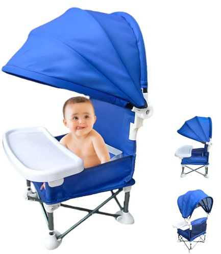 Little Bean Foldable Baby Booster Seat Dining Chair Travel Portable Toddler Highchair with Removable Tray for Indoor Outdoor Open Sit Folding Booster Feeding/Camping Chair for Baby Toddler (Blau)
