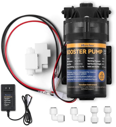 Hanchen 24V Booster-Pumpe Komplettset für Home RO Umkehrosmose Wasserreinigungssystem, Schnellanschluss-Design, Hochdruckschalter (Hoher Druck)