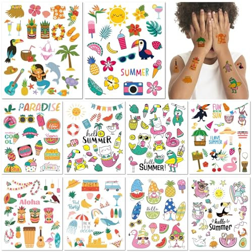10 Feuilles Tatouages Temporaires Hawaïens Résistants à l'Eau Mignons Fête Plage Été Autocollants Tatouages Tatouage Style Hawaïen Élégant pour Femmes Hommes Enfants