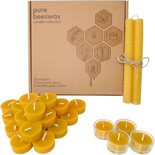 Treehouseco Lot de 20 bougies chauffe-plat en cire d'abeille pure, 2 bougies coniques en nid d'abeille et 4 supports en verre réutilisables – Bougies chauffe-plat longues et longues bougies – Cire