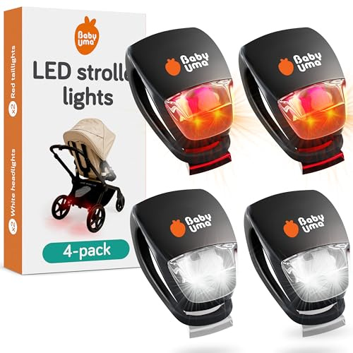 Baby Uma LED Kinderwagen Licht (4er-Pack) - Universelle Kinderwagen Beleuchtung mit 3 Leuchtmodi (Dauerlicht/schnelles Blitzlicht/langsames Blitzlicht), 2 weiße Frontscheinwerfer & 2 rote Rücklichter