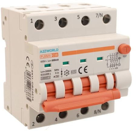 Interruttore Differenziale Magnetotermico Trifase 380V Tipo A 300mA 16A C16, 4P Vero (NO 3P+N), Curva C 6kA, Doppio Leva con Diagnostica Visiva, 4 Moduli DIN, Serie PL8M4