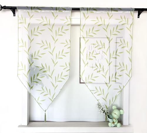 Devola Schiebegardinen Voile Transparent Panneaux Gardinen Landhaus Kurzgardine mit Quaste Küchenvorhang mit Blättermuster Druck Kleinfenster Store mit Stangendurchzug HxB 120x60cm Grün 2 Stück