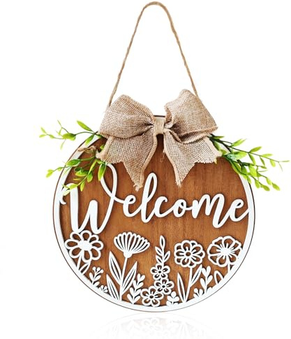 Hanging Welcome Sign, Front Door Sign, Front Door Decorations, Wooden Wall Decor with Natural Rope, Rustic Welcome Home Decorations for Kitchen Garden Farmhouse, Housewarming Gift for New Home Owners