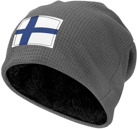 JEJEA Wintermütze mit finnischer Flagge, Fleece-gefüttert, mit Bündchen, weich, warm, Skimütze, Unisex, kaltes Wetter, grau, Einheitsgröße