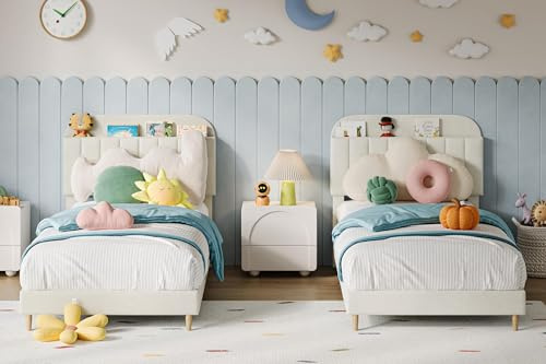 Garvee 2er Set Twin Polsterbetten Mit Bücherregal-Kopfteil – Samtbezug – Stabiler Stahlrahmen – Geräuschfreie Konstruktion – Einfache Montage – Ohne Boxspring – Für Kinder Und Jugendliche – Weiß