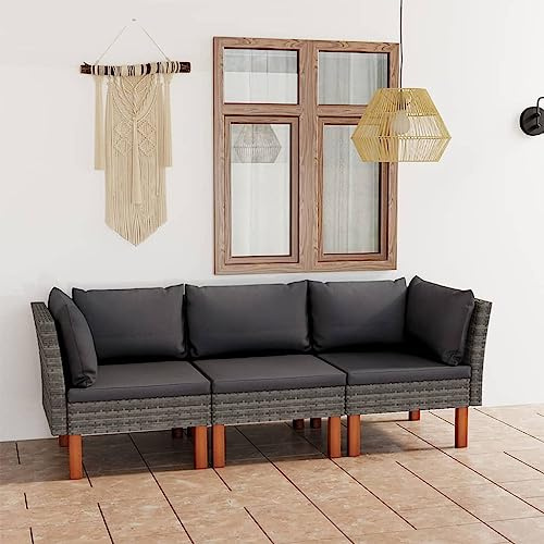 HGFDCBK 3-Sitzer-Gartensofa Grau mit Kissen, Poly Rattan Gartensofa mit pulverbeschichtetem Stahlrahmen und Beinen aus massivem Eukalyptusholz, Lounge-Sofa mit dick gepolsterten