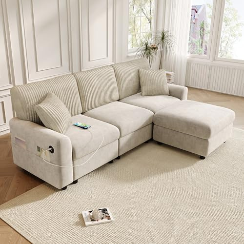 Merax Ecksofa mit Hocker, Wohnlandschaft aus Chenille und Breitcord, Polstersofa mit 2 Kissen, Moderne Couch mit Ottomane, Großzügige Sitzfläche für Wohnzimmer, Beige, 223 x 146 x 84 cm