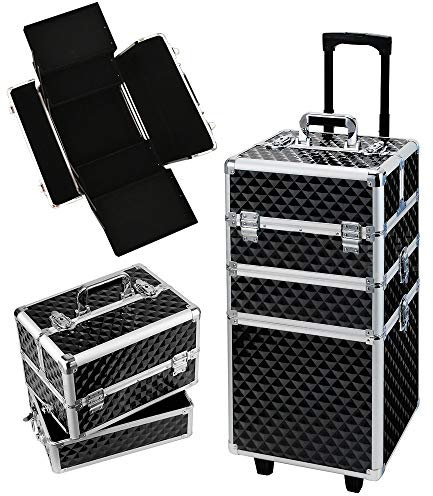 WarmieHomy 3 in 1 Large Cosmetic Makeup Case Beauty Vanity Nail Salon Hairdresser Trolley(Black)