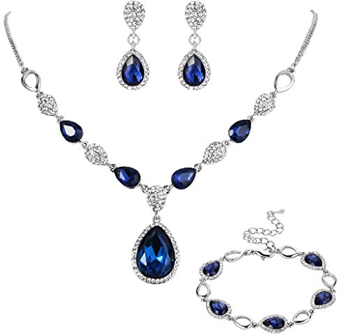 Clearine Damen Hochzeit Braut Kristall Tropfen Y-Halskette Tennis Armband Dangle Ohrringe Set Saphirblau Silber-Ton