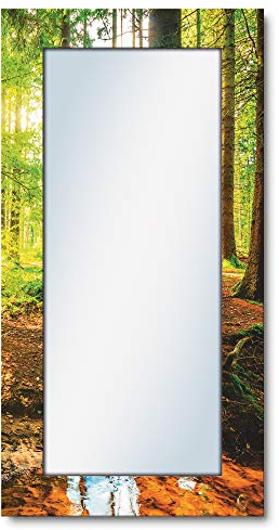 ARTLAND Wandspiegel Ganzkörperspiegel mit Holz Deko Rahmen 60x120 cm Spiegel zum Aufhängen Natur Landschaft Wald Bach Herbst Sonne Grün T9IO