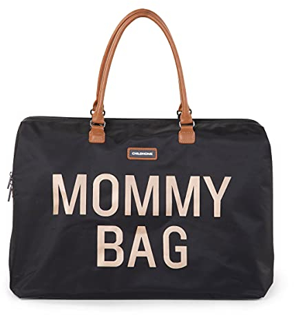 Childhome, Mommy Bag, Wickeltasche, Mutterschaft, Reisetasche, Großes Fassungsvermögen, Wickelunterlage, Verstellbarer Schulterriemen, Unterteilt, Isoliertasche, Kofferdurchführung, Schwarz/Gold