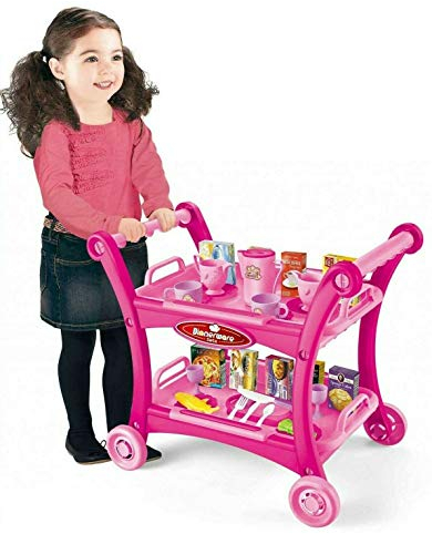 Delex Kids Tea Trolley Dining Cart Pretend Playset with Tea set Food Accessories 28 Pieces Pink