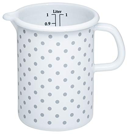Riess, 0338-066, Küchenmaß 10 cm, 1,0 L, COUNTRY - PÜNKTCHEN GRAU, emailierter Stahl, Weiss mit grauen Pünktchen, 0,43kg, 10cm Durchmesser, 1,0 Liter, 16,3 x 11,3 x 14,8cm, Induktion