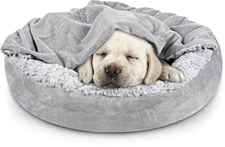 JOEJOY Small Dog Bed Cat Bed with Hooded Blanket, Cozy Cuddler Luxury Puppy Pet Bed, Donut Round Calming Anti-Anxiety Dog Burrow Cave Bed - Anti-Slip Bottom and Machine Washable 23 inch
