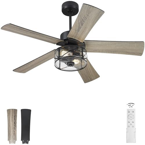 YOUKAIN - 48 Industrial Ceiling Fan with Light and Remote Control, Clear Glass, 5 Reversible Blades with Matte Black/Wood Finish, 48-YJ632-BK
