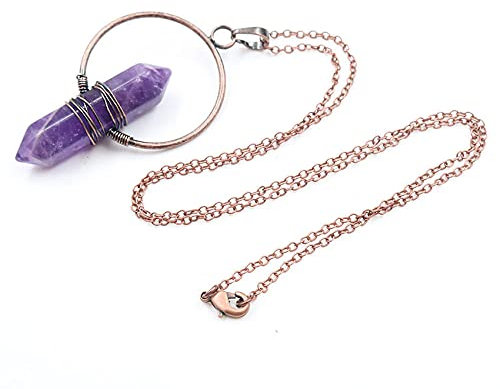 MCWJ Chakra PendulumNatural Stone Hexagonal Pillar Pendant Necklaces Vintage Copper Round Shape Wire Wrap Crystal Quartzs Female Jewelry 1 Pcs-Amethysts_