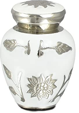 Small Keepsake Urn for Human & Pet Ashes – 3 Memorial Container With Velvet Presentation Gift Box - Capacity 7 Teaspoons - Handcrafted in Metal Aluminium Brass (White Sunflower)