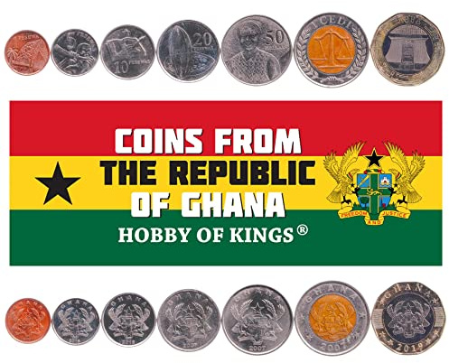 7 Coins from Ghana | Ghanaian Coin Set Collection 1 5 10 20 50 Pesewas 1 2 Cedis | Circulated 2007 - 2020 | Cocoa pod | Eagle | Bridge | Flagstaff House | Shield | Scales of Justice | Blow Horn | Book