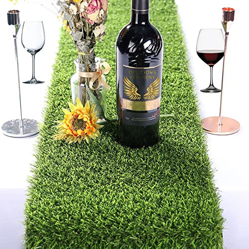 Kesfey Tischläufer mit Ostergrasen, 30,5 x 274,4 cm, künstlicher Gras-Teppich, grüner synthetischer Tischläufer, dicker Kunstrasen-Tischläufer für Familienbuffet, Tischdekoration,