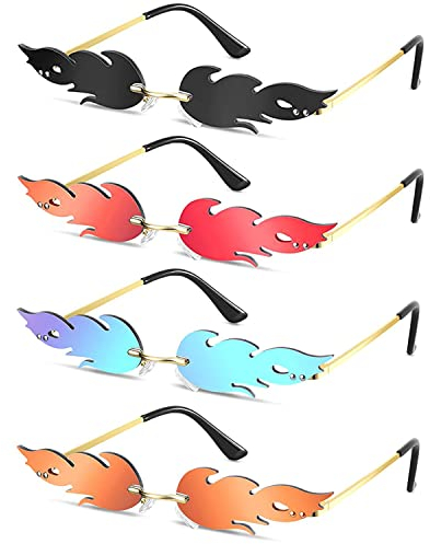 4 Stück Sonnenbrille Flammen, Flammen Brille Sonnenbrille, Frauen Flamme Sonnenbrille, Fashion Hawaii Brille, Metall Rahmenlose Sonnenbrille Flammenform, für Maskerade, Summer, Party, Musikfestival