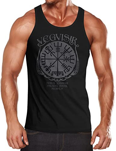 Neverless® Herren Tank-Top Vegvisir Runenkompass nordischer Kompass Wikinger Nordmänner Mythologie Muscle Shirt schwarz-grau M