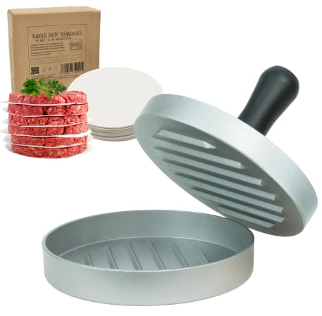 NATUMO Burgerpresse Set aus Hamburgerpresse und Burger Papier (500x Trennpapier), Burger Maker aus Aluguss (Ø 11cm, bis 200g Patties), Profi Burger Pattie Presse mit Antihaftbeschichtung (Silber)