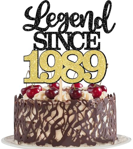 SYKYCTCY 1 Pack Legend Since 1990 Cake Topper Glitter Happy 35th Birthday Cake Pick 35 Fabulous Cake Decorations for Cheers to 35th Birthday Wedding Anniversary Party Supplies (Black Gold, 35th)