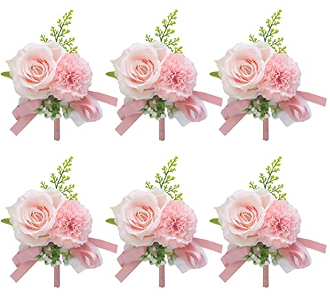 Uposao 6 Stück Boutonniere Rose Hochzeit Künstliche Handgefertigte Satin Hochzeit Ansteckblume bräutigam Trauzeugen Handarbeit Corsage Knopfloch Blumen für Bräutigam Herren Braut Frauen,Rosa