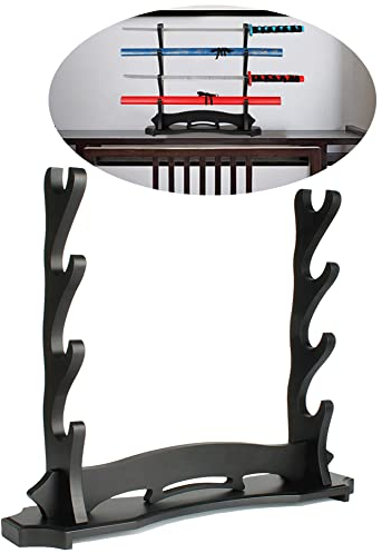 BiJun Schwertständer Katana Ständer, Schwarzes Holz Schwert Katana Wandhalterung, Gladiator Schwert Wand Display Kreuzritter Schwertständer Messer Kleiderbügel Stütze Ständer (4 Schwerter)