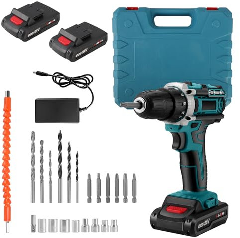 WAKERUG 3 in 1 Cordless Drill, 21V Electric With 2 Batteries 2000mAh, 32Nm Power Hammer Drill, Combi Kit for Home and Garden With 2 Speed, LED Light, 25+3 Torque