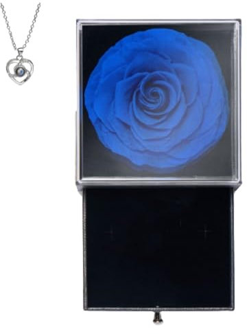 DenmeR Rosa eterna con collana d'argento da donna, veri fiori eterni, idee regalo per donne, moglie, madre, fidanzata, anniversario, compleanno, Natale (blu)