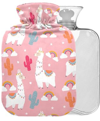 Wärmflasche mit Bezug für Lama, Alpaka, Kaktus, Rosa, BAP-frei, 2 l, groß, warmer Wasserbeutel für Kinder, Männer, Frauen, Schmerzlinderung