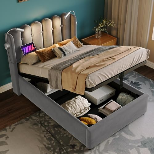 Dolamaní Polsterbett 90x200cm mit Stauraum, Stauraumbett Doppelbett mit Funktion Kopfteil und Leseli/CHT, Bettgestell, Jugendbett mit lattenrost (Grau, 90x200)