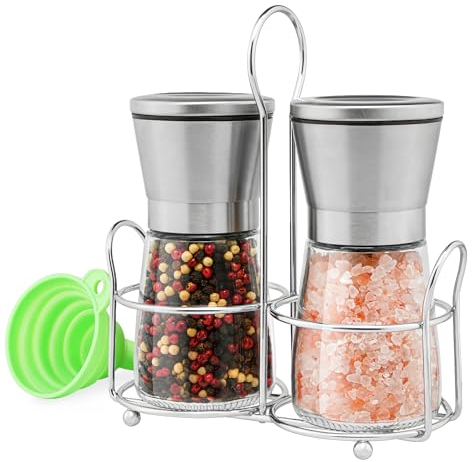 M JINGMEI Salt and Pepper Grinder Set of 2, Refillable Spice Pepper Mill, Manual Sea Salt & Black Pepper Shakers, Adjustable Stainless Steel Cap, Glass Body Ceramic Blade