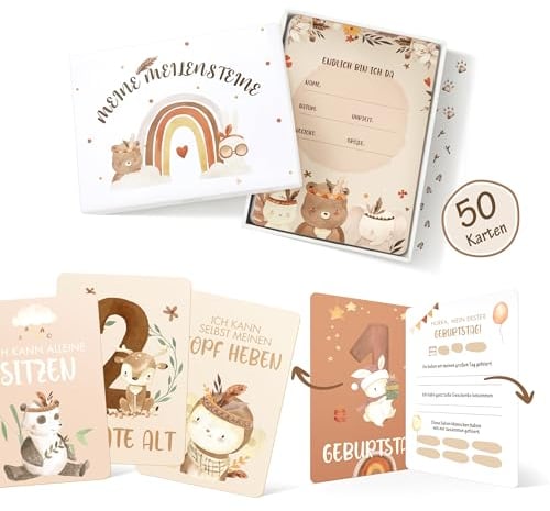 50 Meilensteinkarten Baby, Boho Stil Meilensteinkarte, Geschenkbox für Jungen & Mädchen, Meilenstein Karten Set als Geschenk zur Geburt & Babyparty, Geschenkidee zur Geburt, Taufe oder Babyparty