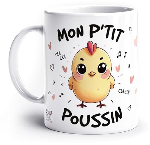 France - Taza Mon P'Tit Poussin (colección pouin) - Café té, idea de regalo original de cumpleaños, humor y amor, fantasía, amigo compañero de familia
