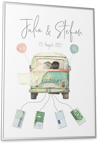 Papierschmiede® Personalisiertes Geldgeschenk Hochzeit mit Namen, Hochzeitsgeschenke für Brautpaar | A2 (42x59,4 cm) Poster mit Rahmen | Hochzeitsgeschenke Geld Geschenk Bild „Wedding Bully“