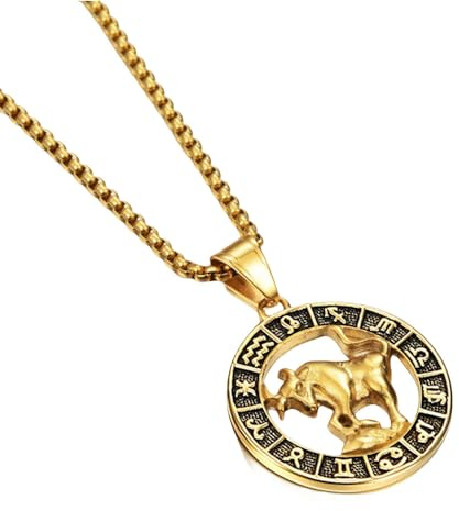 SAWEEZ Sternzeichen Halskette, Stier Scheibenanhänger Halskette, Goldene Halskette Mit 12 Sternbildern Und Kabelkette, Glückshoroskop Astrologie Schmuck, Geschenk Für Damen Und Herren, 55 Cm Lang