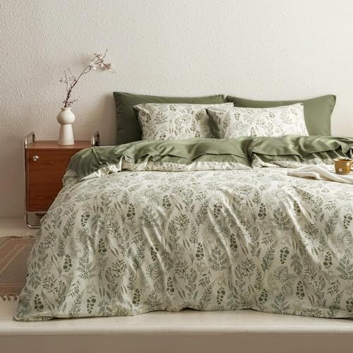 Sedefen Bettwäsche 135x200cm Grün Weiß Blätter Wendebettwäsche Set 2Teilig Olivgrün Blätter Pflanzen Blumenmuster Vintage Microfaser Bettbezug mit Reißverschluss und 1 Kissenbezug 80x80cm