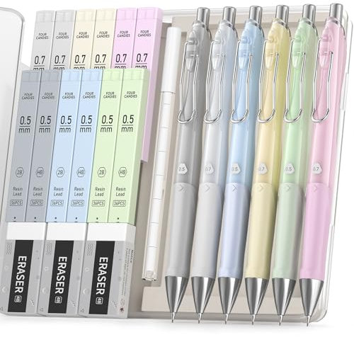 Four Candies Porte-mines Pastel 6PCS 0.5 & 0.7 mm Cute Mechanical Pencils with 12 Tubes HB 2B Lead Refills, 3 Erasers, 9 Eraser Refills, Metal Clip For School Drawing Sketching 6 Colors