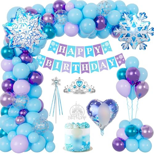 Frozen Geburtstagsdeko Mädchen, Elsa Geburtstag Party Deko Blau Lila Luftballons mit Tiara Krone Zauberstab Cake Topper Happy Birthday Banner Folie 3D Snowflake Ballons für Kinder Partydeko