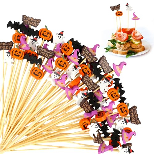 OOTSR 100Pz Palillos de Cóctel para Halloween, 13cm Pinchos Decorativos Cócteles para Víspera de Todos los Santos, Brochetas de Bambú Picks para Fruta Aperitivos Fiestas Bebidas Decoración