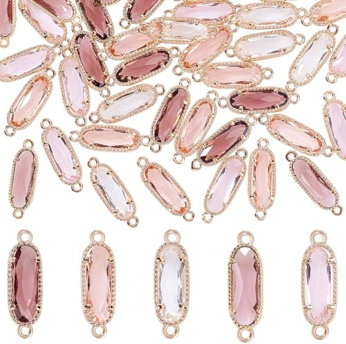 AHANDMAKER 50 ciondoli in vetro, 5 colori, connettori sfaccettati con risultati in oro chiaro, maglie ovali in vetro, per gioielli fai da te, bracciali, collane, colore: rosa