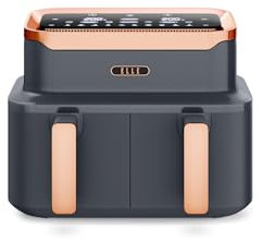 ELLE Dual Air Fryer Triple Air Fryer in Grey with Rose Gold, 10-in-1 Cooking Methods, Oil Free Cooking, Non-Stick & Dishwasher Safe, Smart & Match Cook (Dual Basket)