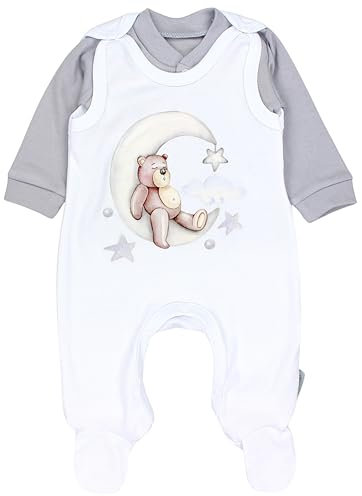 TupTam Baby Mädchen Jungen Strampler mit Langarmshirt Aufdruck Spruch 2 teilig, Farbe: Bärchen Mond Grau, Größe: 68