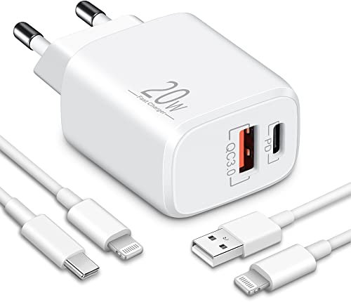 20W 2-Puerto Carga Rapida Cargador para iPhone 14 13 12 11 Pro MAX Plus Mini SE XS XR X 8 7, iPad, Airpods, USB-C USB-A Rapido PD/QC Adaptador Cabezal Enchufe Corrient con 2-Pack 2M Charger Cables
