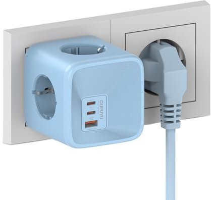 OUFUYU Ciabatta Multipresa con USB 33W, Multipresa Elettrica con 2 USB C e 1 Tipo A Caricabatterie Rapido, Presa Salvaspazio con 4 Prese, Ciabatta Elettrica da Muro per Ufficio Casa Viaggio, Blu