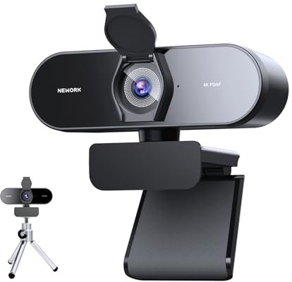 NEWORK Webcam 4K con Sensore Sony, Autofocus PDAF, 1080P@60FPS, 2 Microfoni con Riduzione del Rumore, Correzione Automatica della Luce, USB Plug&Play, Copertura Privacy, Angolo di Visione 79°